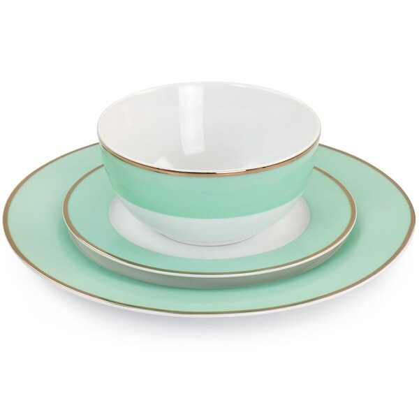 Martha Stewart Gold Rimmed 12 Piece Fine Ceramic Dinnerware Set in Mint - 12 Piece