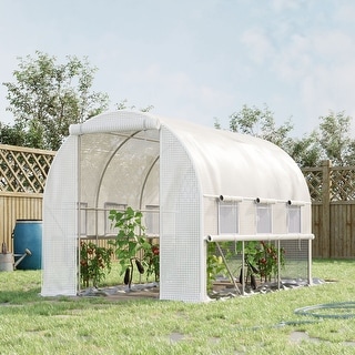 Outsunny 10' x 7' x 7' Walk-in Tunnel Greenhouse, Outdoor Plant Nursery with Quality PE Cover, Zipper Doors White