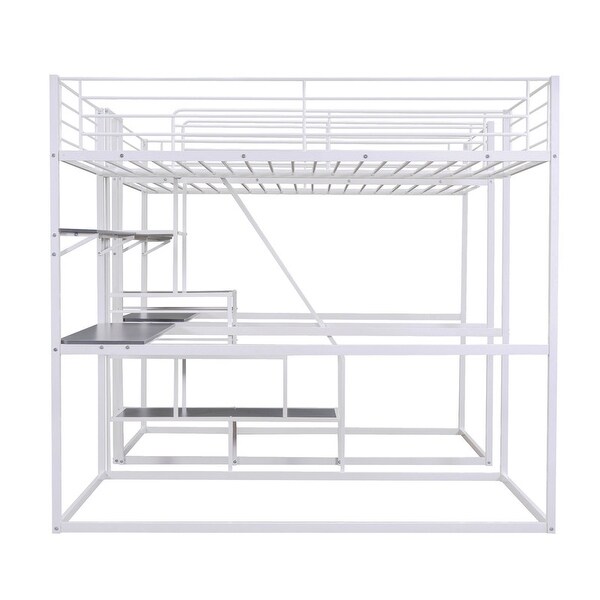 Double Twin over Twin Metal Bunk Bed with Desk, Shelves and Storage Staircase