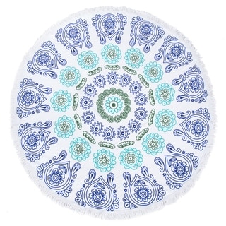 Leisureland Round Beach Towel 65"X65" Blue Paisley with Fringe