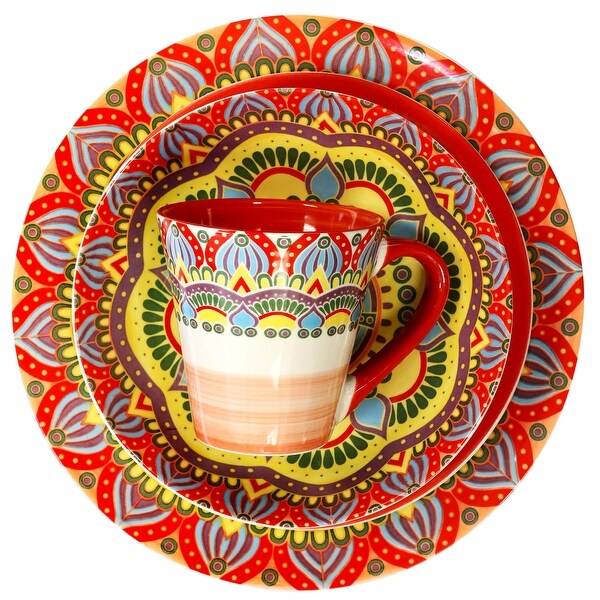 Intricate Floral Pattern Round Stoneware Dinnerware Set in Rose 16 Pieces