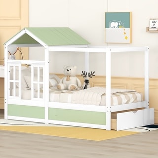 Twin Size House-shaped Kids' Bed with Roof, Window and 1 Storage Drawer, Cute Funny Kids' Platform Bed, 4 Colors