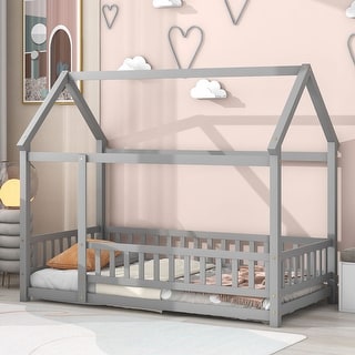Twin/Full House Beds Wood Bed Frame, Kids Floor Platform Bed with Pine Wood Roof and Fence, Cabin Bed for Children Kids