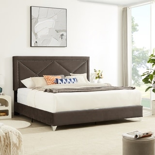 King Bed with Wooden Slats and Metal Legs
