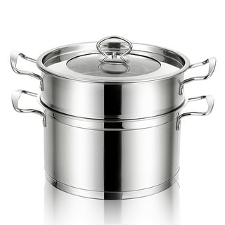 2-Tier Steamer Pot 304 Stainless Steel Steaming Cookware with Glass Lid