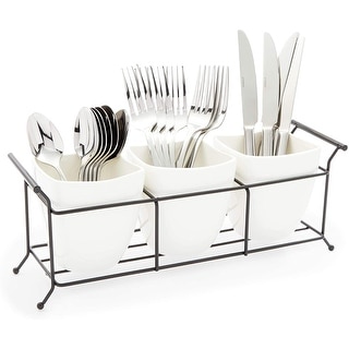 White Ceramic Utensil Holder, Flatware Caddy with Metal Stand (13 x 4 x 5 In)