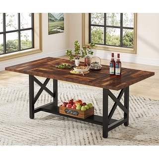 70.8" Dining Table for 6 to 8 People, Rectangular Kitchen Dining Room Table with Storage Shelf - Brown/Black