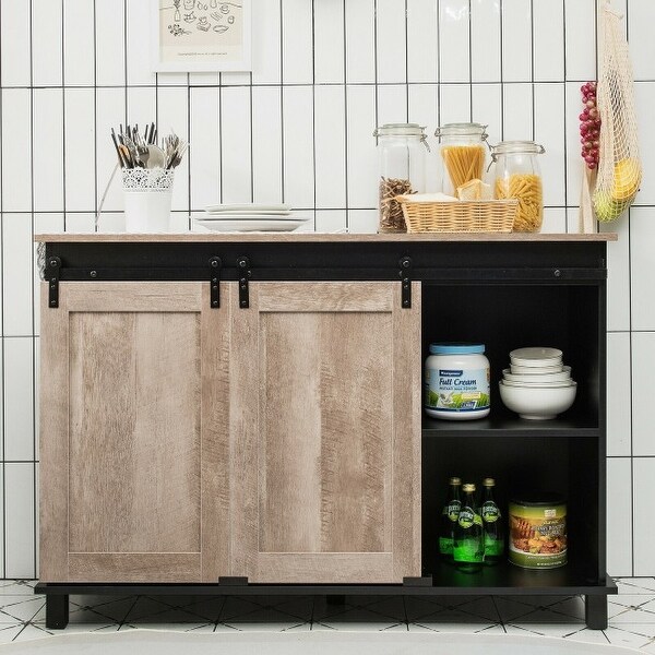 Kitchen Buffet Storage Cabinet with Sliding Barn Doors - Oak, Black - 48" x 16" x 33" (L x W x H) - 48" x 16" x 33" (L x W x H)
