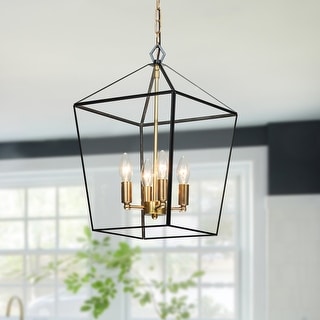 4-Light Brass Lantern Pendant with Clear Tempered Glass Panes - W12" x E12" x H19.25"