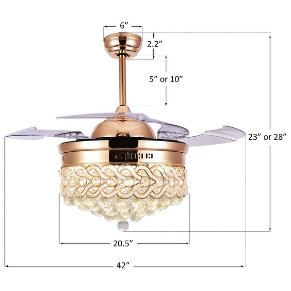 CurveCurio Crystal Retractable Ceiling Fan Fandelier with LED light, Remote - 42 Inches