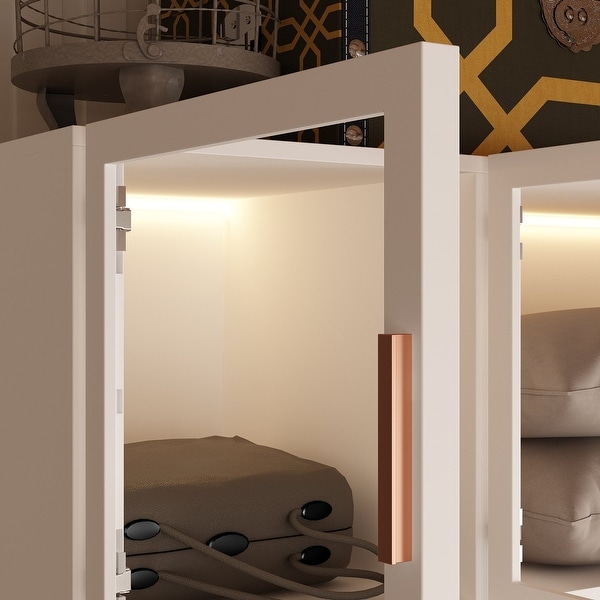 47.2" Wide Armoire LED Light All Glass Door Closet Cabinet Wardrobe