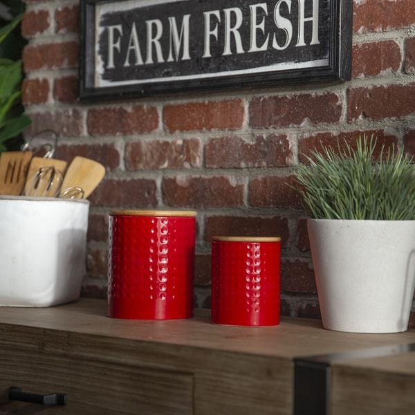 Round Ceramic Canister with Wooden Lid and Engraved Dotted