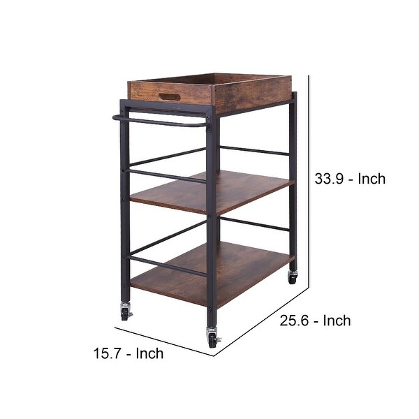 Tray Top Wooden Kitchen Cart with 2 Shelves and Casters, Brown and Black
