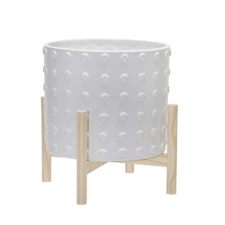 12" Ceramic Dotted Planter with Wood Stand, White 12"H - 10.0" x 10.0" x 12.0"