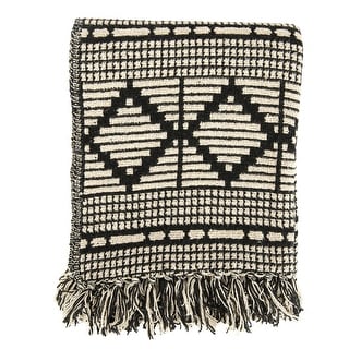 Black & Beige Woven Cotton Blend Throw Blanket with Fringe