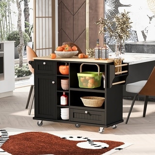 Kitchen Island Cart, Solid Wood Table Top Floor Standing Sideboard with Storage and Two Locking Wheels for Dining Room