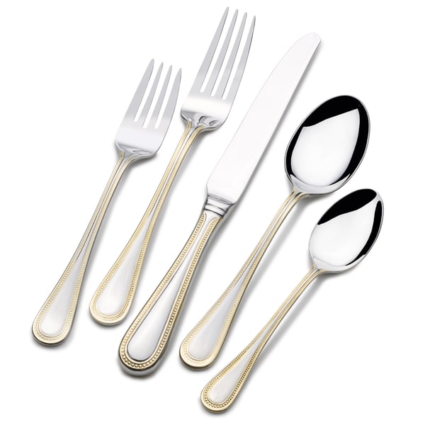 St. James 65-piece Stainless Steel Beaded Gold Accent Flatware Set