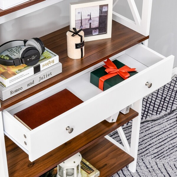 HOMCOM 4-Tier Shelving Bookcase Storage Cupboard with Pull Out Drawer, and Wooden Frame with X Bar Stability, White