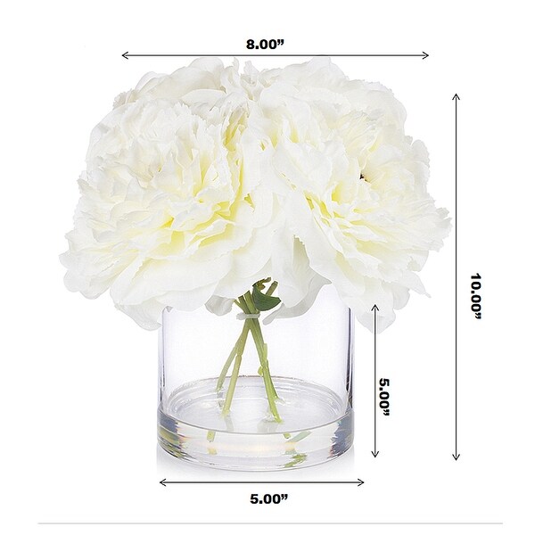 Enova Home 4 Pieces Large Artificial Silk Peony Fake Flowers Arrangement in Clear Glass Vase for Home Office Decoration