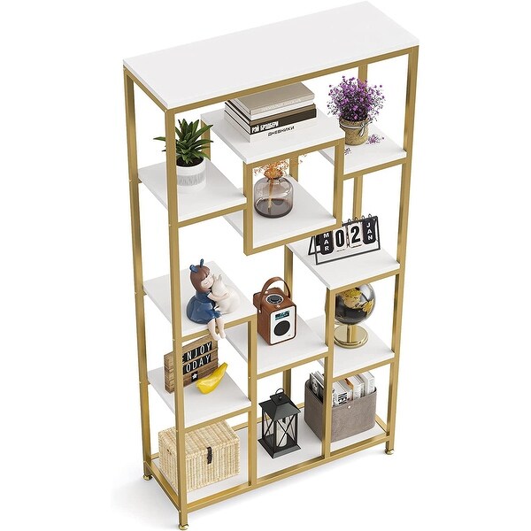 71 Inch Tall Bookshelf, Freestanding Geometric Bookcase, White and Gold