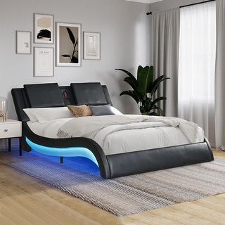 Platform Bed Frame with led lighting, Bluetooth connection to play music control, Backrest vibration massage, King