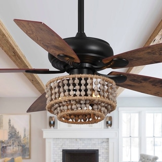 52" Farmhouse Driftwood 5-blade Wooden Beaded Ceiling Fan with Remote