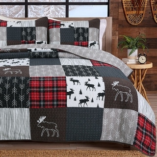 Rustic Lodge Moose Real Patchwork Reversible Quilt Set
