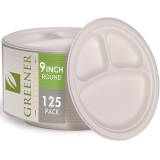 Natural 9 Inch Compostable 3 Section Disposable Paper Plate (125 Pack) - 9 inch- 3 Sections
