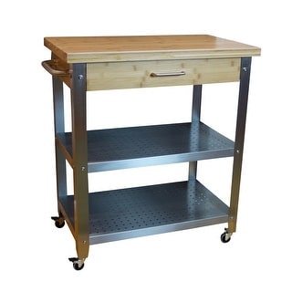 Bamboo & Stainless Steel Rolling Kitchen Cart with Drawer & 2 Shelves