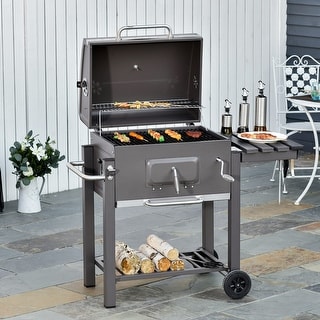 Outsunny Charcoal BBQ Grill Outdoor Portable Trolley Camping Picnic Backyard with Side Shelf Grey - 45.25"L x 22"W x 42.5"H