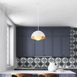 Amelia 1-Light Matte White Plug-In Pendant Lighting White Glass Shade - 10"