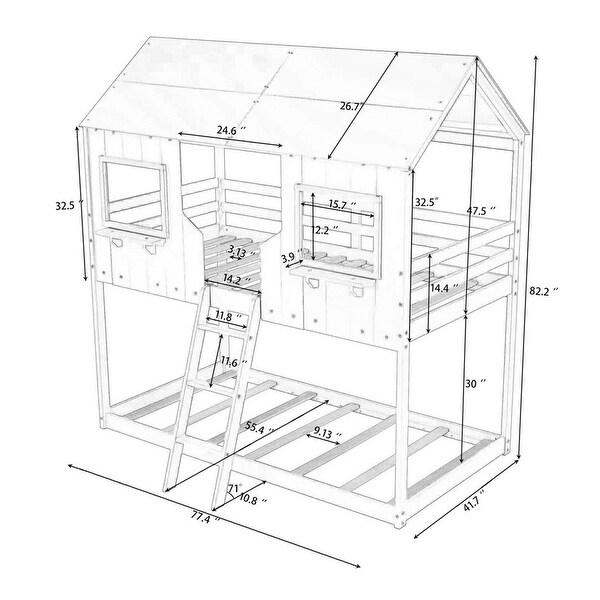 White Twin Over Twin Bunk Bed Wood Bed with Roof, Window, Guardrail, Ladder