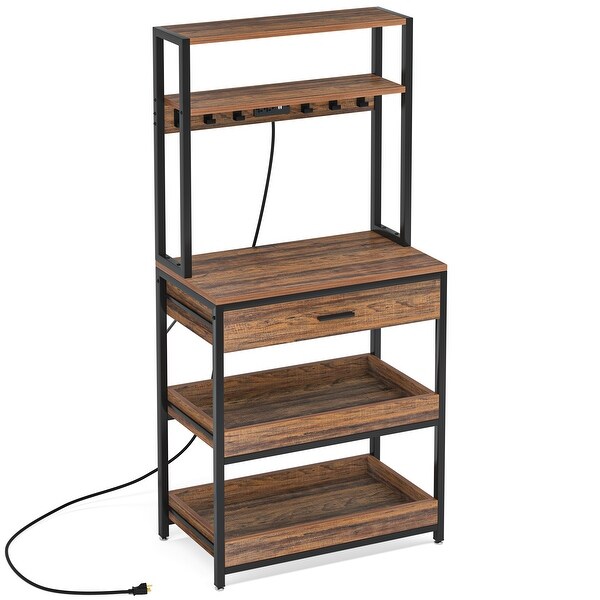 5-Tier Bakers Rack with Power Outlets for Kitchen with Storage Shelves and Drawers, Coffer Bar Station