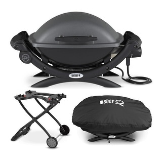 Weber Q 1400 Electric Grill (Black) with Portable Cart and Grill Cover
