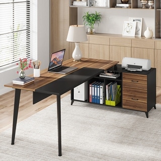 75 Inch L-Shape Office Computer Desk with File Cabinet & Drawers