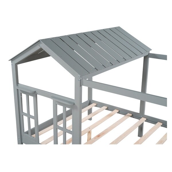 Twin/Full House Bed for Kids, House Shaped Canopy Bed Platform Bed Frame with Roof, Window and Drawer