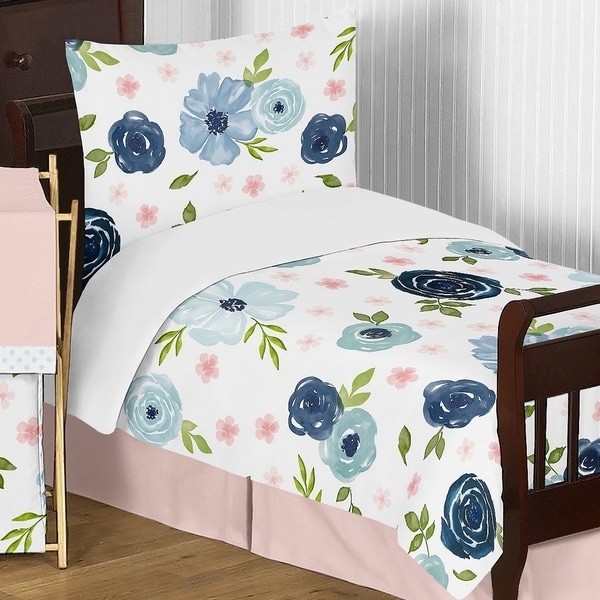 Navy Blue and Pink Watercolor Floral Girl 5pc Toddler Comforter Set - Blush Green White Shabby Chic Flower
