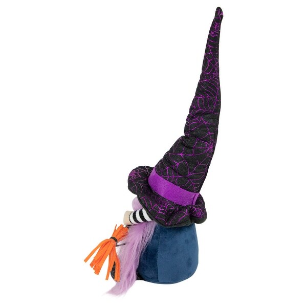 14" Black and Purple Witch Gnome with Broom Indoor Halloween Figure