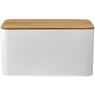 Tin Bread Box with Bamboo Top, White