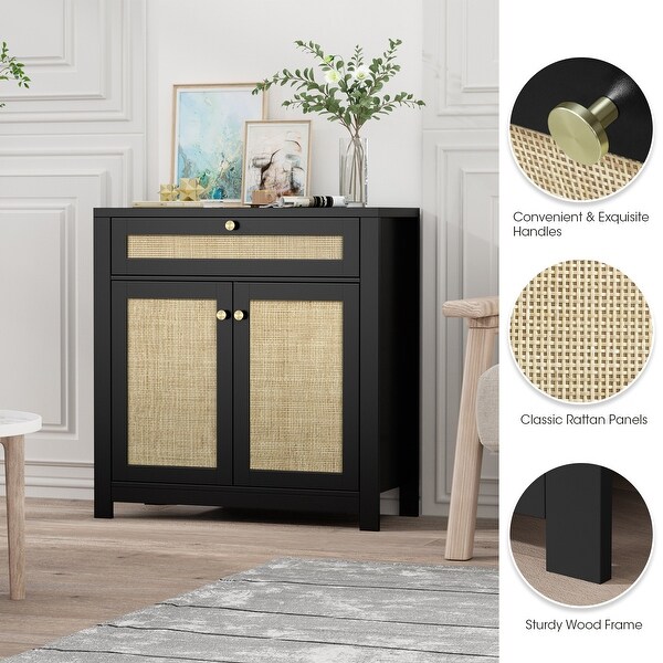 Black Rattan Cabinet with Drawer and 2 Doors Accent Cabinet with Adjustable Shelves
