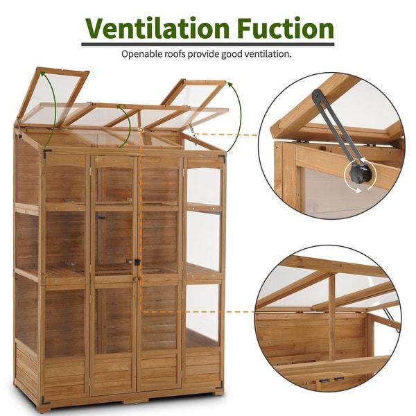 MCombo Wooden Greenhouse, Walk-in Outdoor Greenhouse with Openable Roof and Lockable Door, 0899 - Natural
