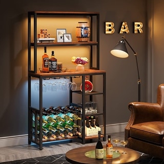 Wine Rack Bakers Table with Wine Storage and Glass Stemware Holders for Home Bar Kitchen, Dinning Room, Rustic Brown Black