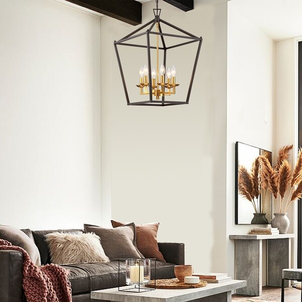 16 in. 6-Light Geometric Cage Lantern Pendant Light with Matte Black and Gold finish
