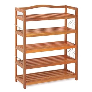 Costway 5-Tier Wood Shoe Rack Solid Acacia Wood Shoe Shelf with Side