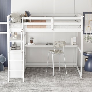 Full Size Loft Bed with Desk, Shelves and Built-in Drawers