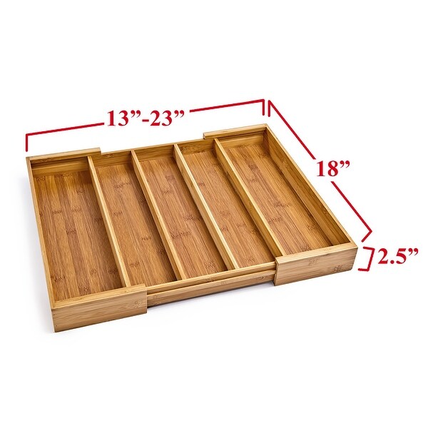 Seville Classics Bamboo Expandable 5 Large Compartment Adjustable Cutlery Drawer Tray Organizer - Brown