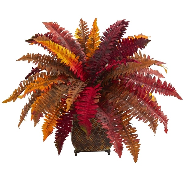 Nearly Natural Autumn Boston Fern Artificial Plant in Metal Planter