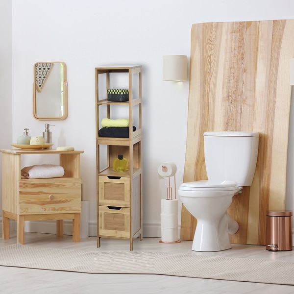 Bathroom Linen Tower Cabinet Mahe 2 Drawers 3 Shelves Wood Bamboo - 56 3/4" H x 11 7/8" W x 11 7/8"D