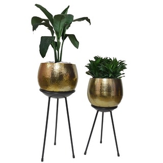 Set of 2 Contemporary Gold Hammered Metal Flower Planter