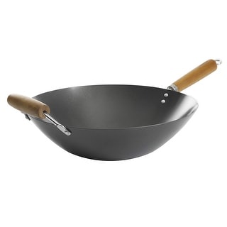 Kenmore Hammond 14 Inch Flat Bottom Carbon Steel Wok in Black with Wooden Handles - Grey